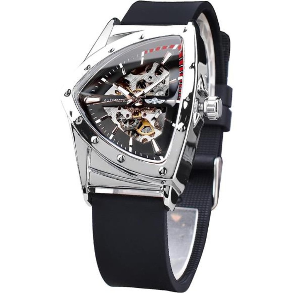 Triangular Gold Shield Automatic Mechanical Watch, Oversized Dial Fully Hollowed
